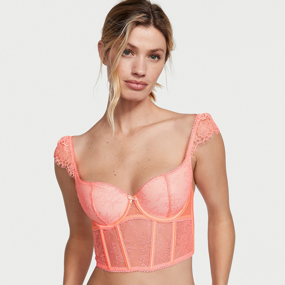 Áo Victoria's Secret Lace Cap-Sleeve Corset Top - Neon Nectar, Size M