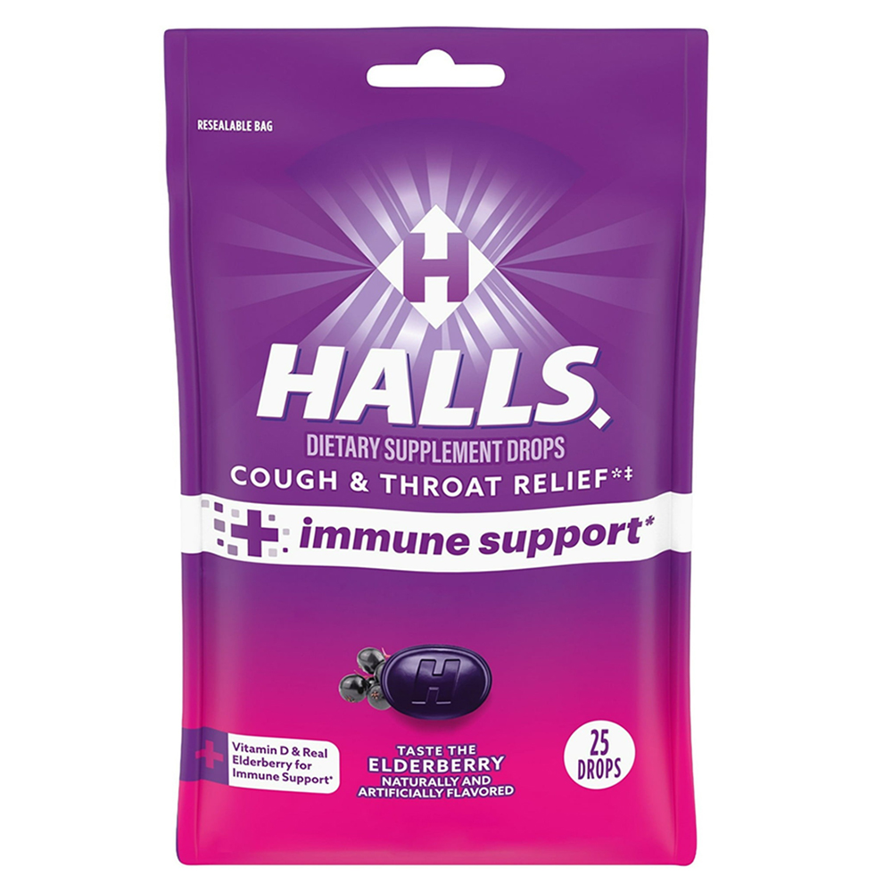 Kẹo ngậm Halls Cough and Throat Relief + Immune Support - Elderberry, 25 viên