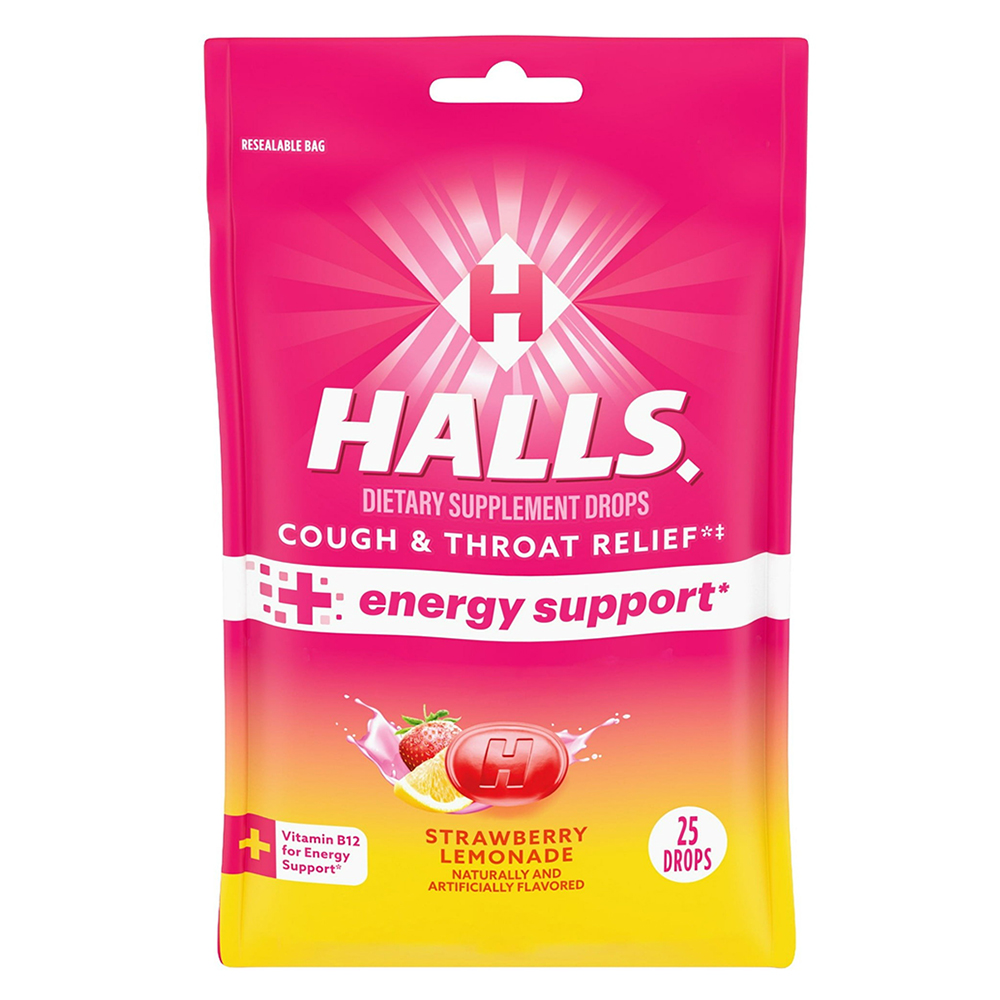 Kẹo ngậm Halls Cough and Throat Relief + Energy Support - Strawberry Lemonade, 25 viên