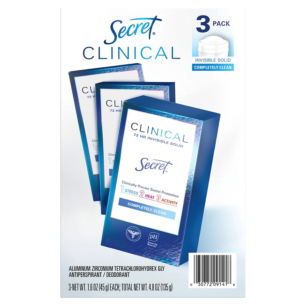 Sáp khử mùi Secret Clinical Strength Invisible Solid - Completely Clean, 3 x 45g