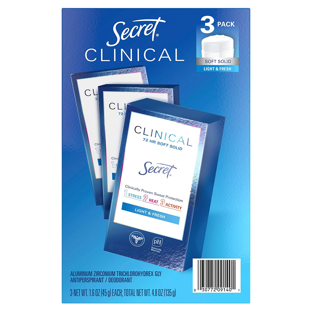 Sáp khử mùi Secret Clinical Strength Soft Solid - Light & Fresh, 3 x 45g