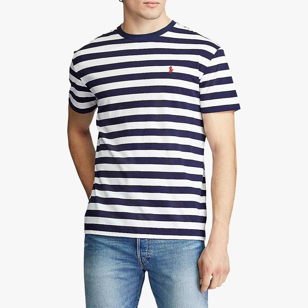 Áo Polo Ralph Lauren Custom Slim fit Striped Crewneck - Navy/White, Size L