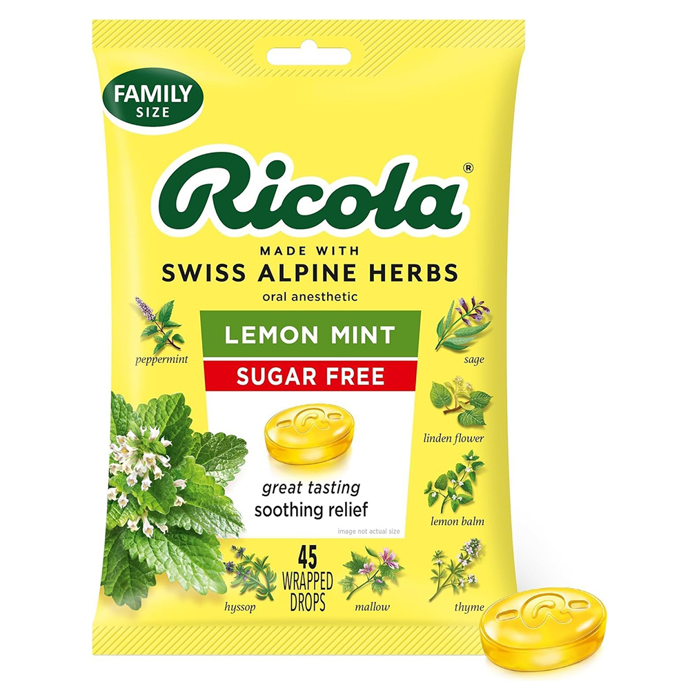 Kẹo ngậm Ricola Herb Throat Sugar Free - Lemon Mint, 45 viên