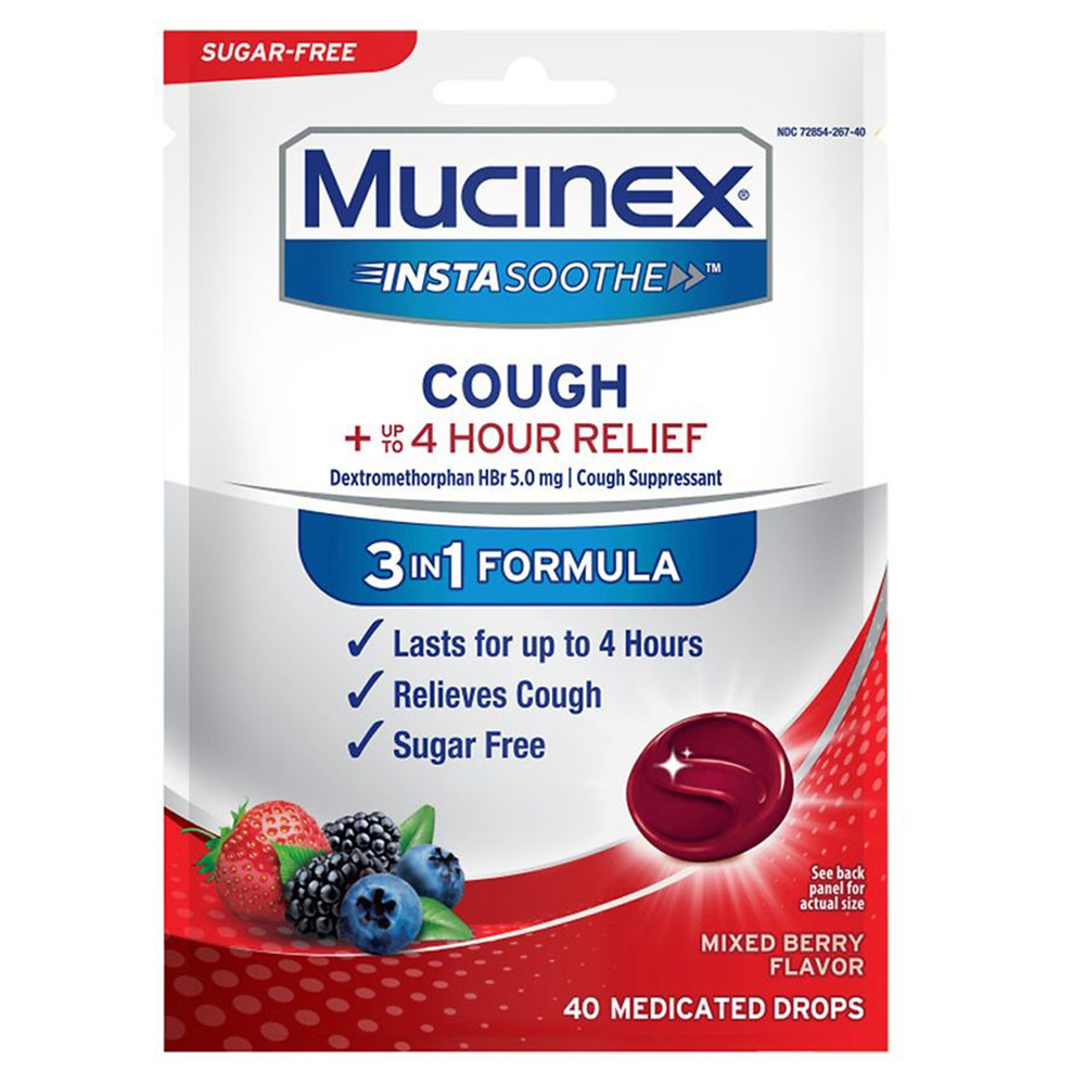 Kẹo ngậm Mucinex InstaSoothe Sugar Free Sore Throat + Pain Relief - Mixed Berry, 40 viên