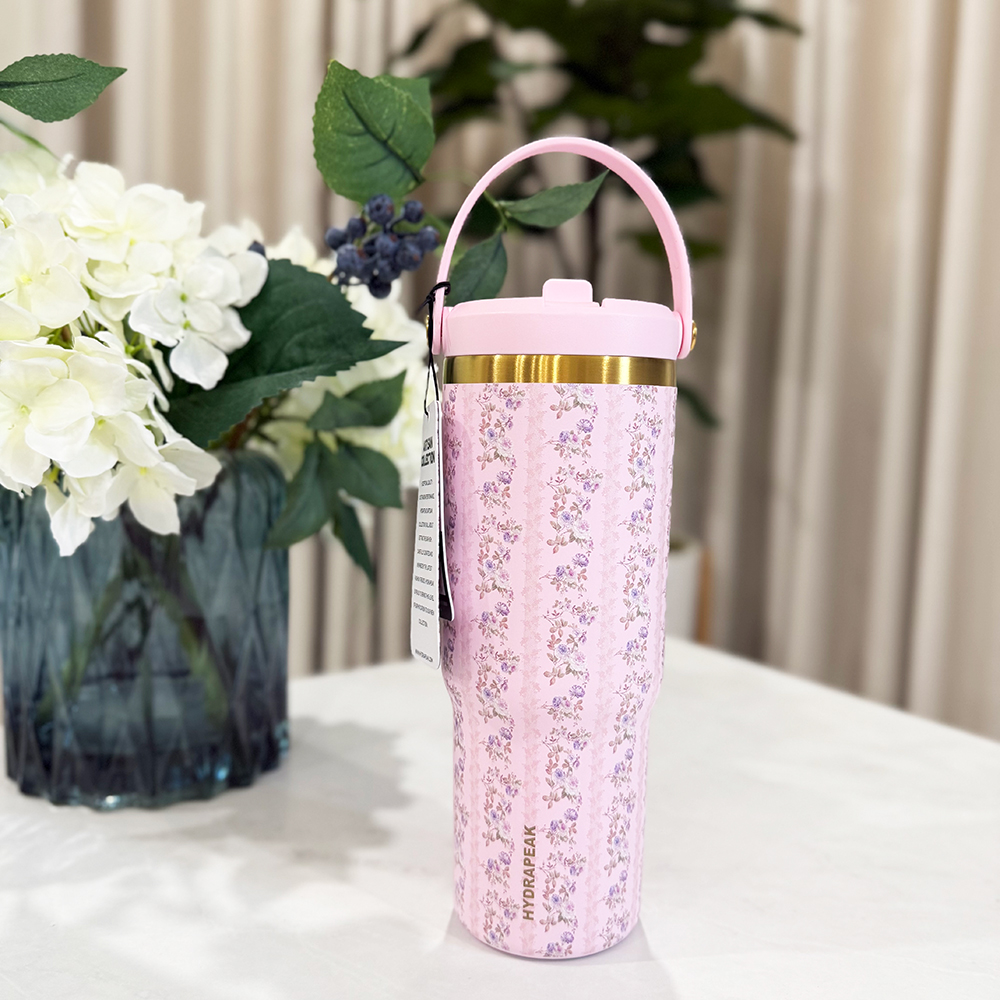Bình giữ nhiệt Hydrapeak Nomad Bottle With Handle And Straw Lid - Floral Bloom/Baby Pink, 946ml