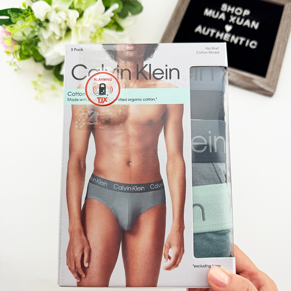 Set 3 quần Calvin Klein Cotton Modal Hip Brief - Black/Grey/Green, Size M