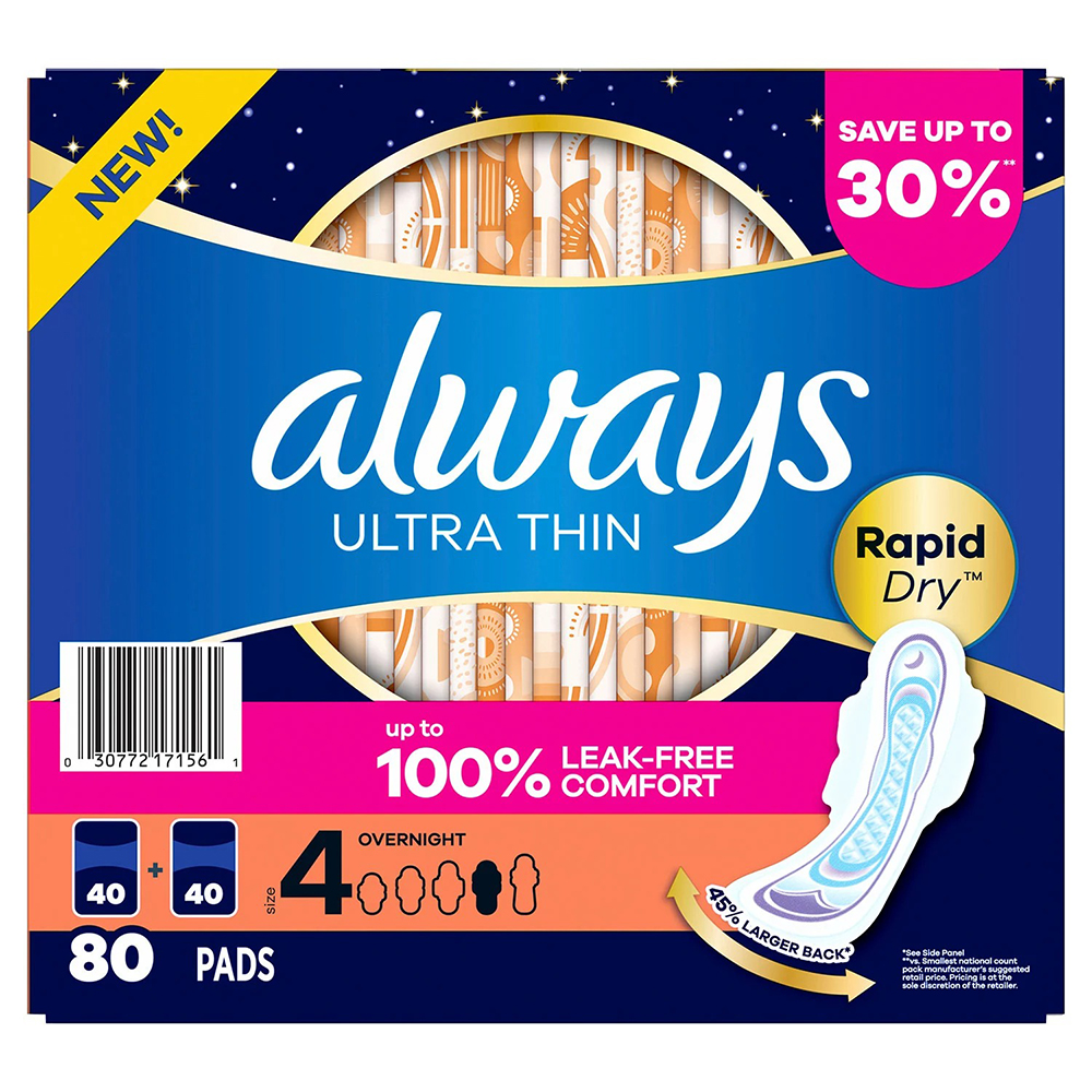 Băng vệ sinh Always Ultra Thin 3X Advanced Protection Overnight With Wings, 80 miếng