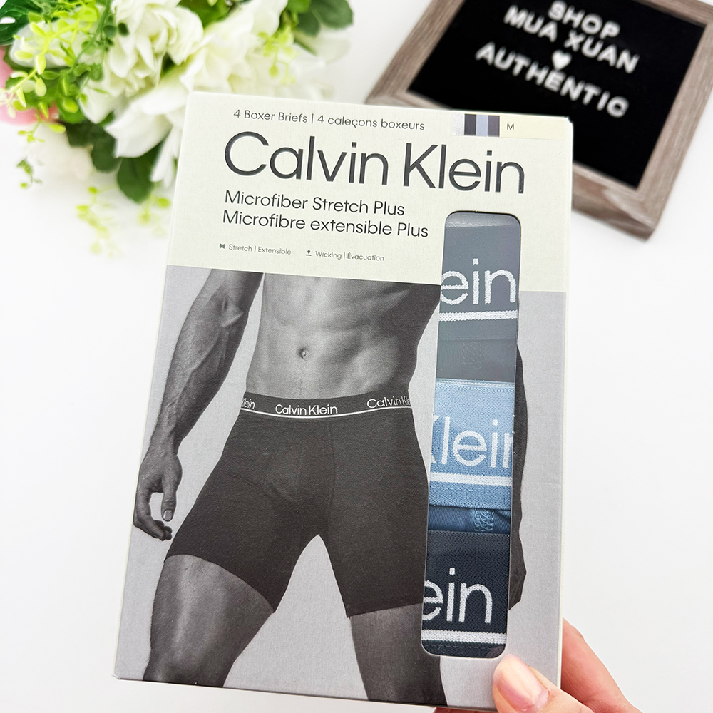 Set 4 quần Calvin Klein Microfiber Stretch Plus Boxer Brief - Grey/Navy/Sky/Blue Grey, Size M