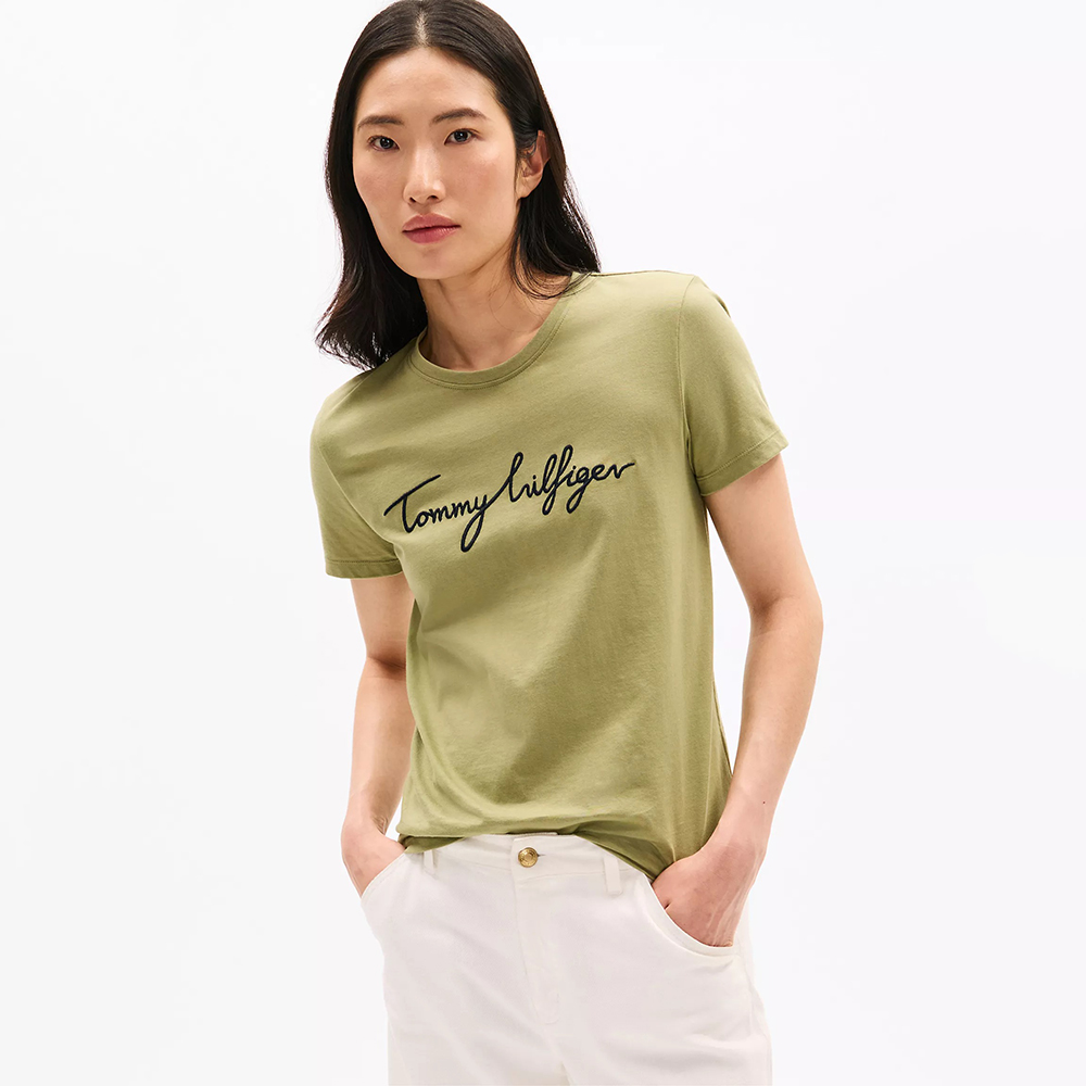 Áo Tommy Hilfiger Embroidered Signature Crewneck - Faded Olive, Size M