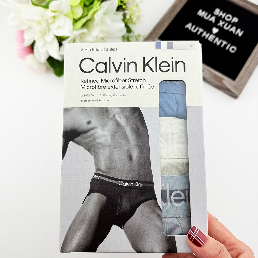 Set 3 quần Calvin Klein Refined Microfiber Hip Brief - Blue/Cream/Light Grey, Size M