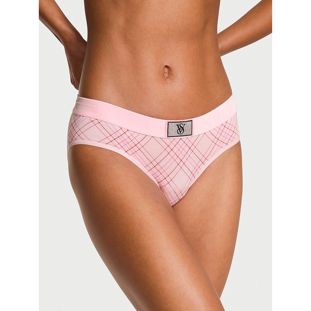 Quần lót Victoria's Secret Logo Cotton Shine Patch Velvet Hiphugger - Pink Plaid, Size S