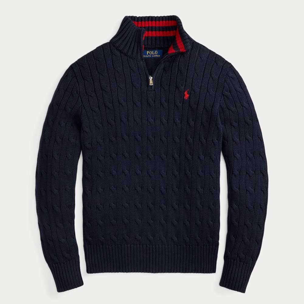 Áo Polo Ralph Lauren Cable-Knit Cotton Quarter-Zip Sweater - Navy, Size L(14-16)