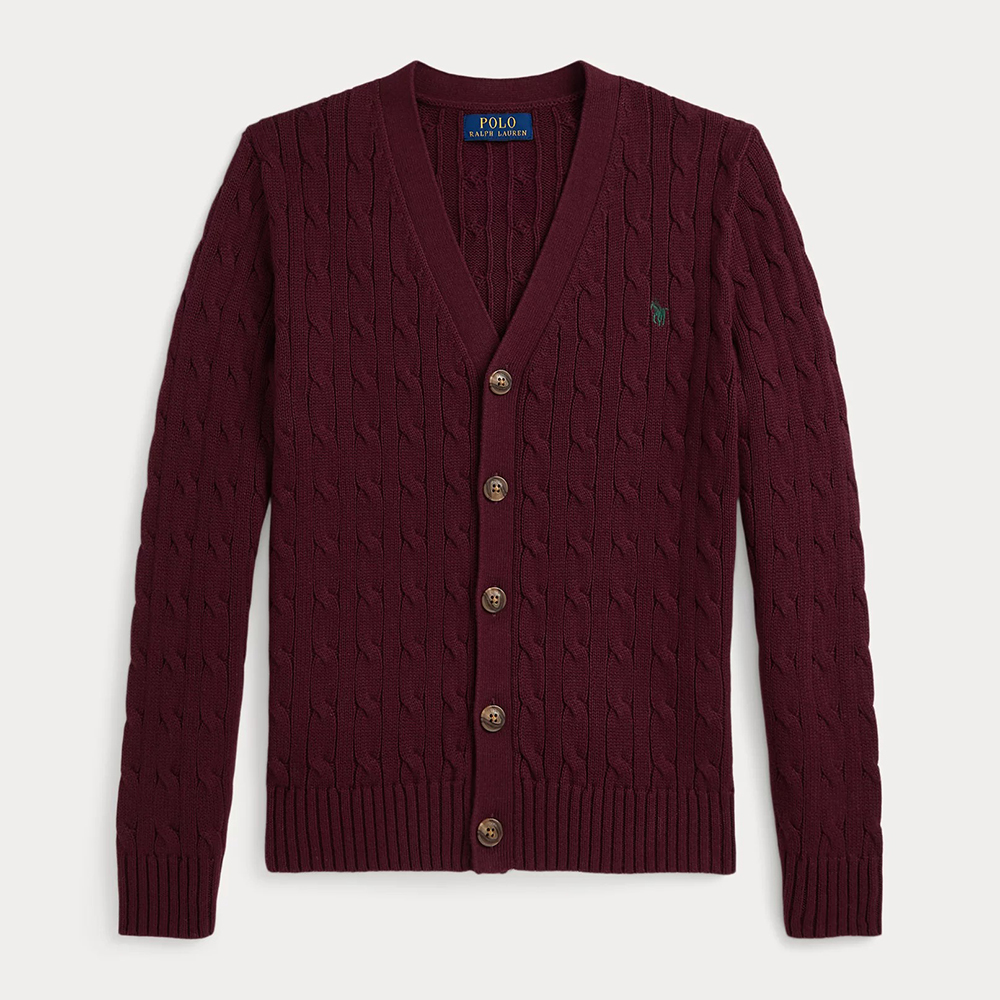 Áo Polo Ralph Lauren Cable-Knit Cotton V-Neck Cardigan - Wine, Size L(14-16)