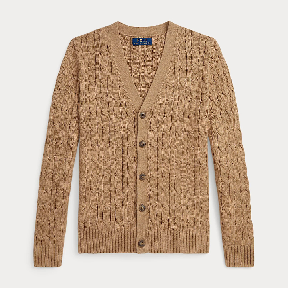 Áo Polo Ralph Lauren Cable-Knit Cotton V-Neck Cardigan - Camel, Size L(14-16)