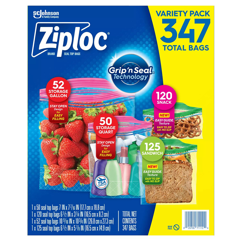 Bộ Ziploc Easy Open Bags Variety Pack with New Stay Open Design, 347 túi