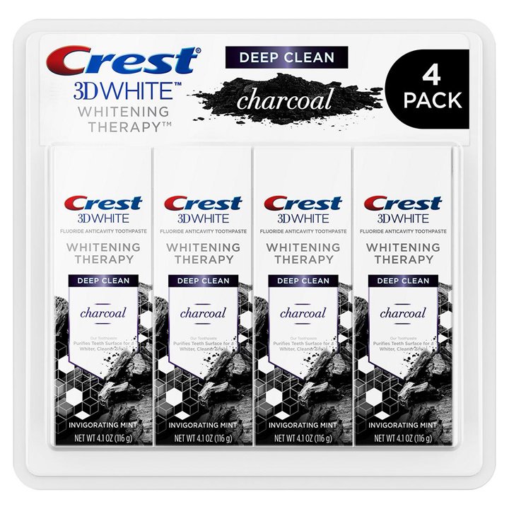 Set kem đánh răng Crest 3D White Whitening Therapy Charcoal Deep Clean - Invigorating Mint, 4 x 116g