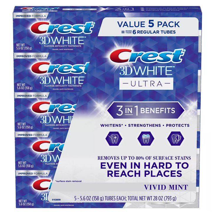 Set kem đánh răng Crest 3D White Ultra Whitening 3in1 Benefit - Vivid Mint, 5 x 158g