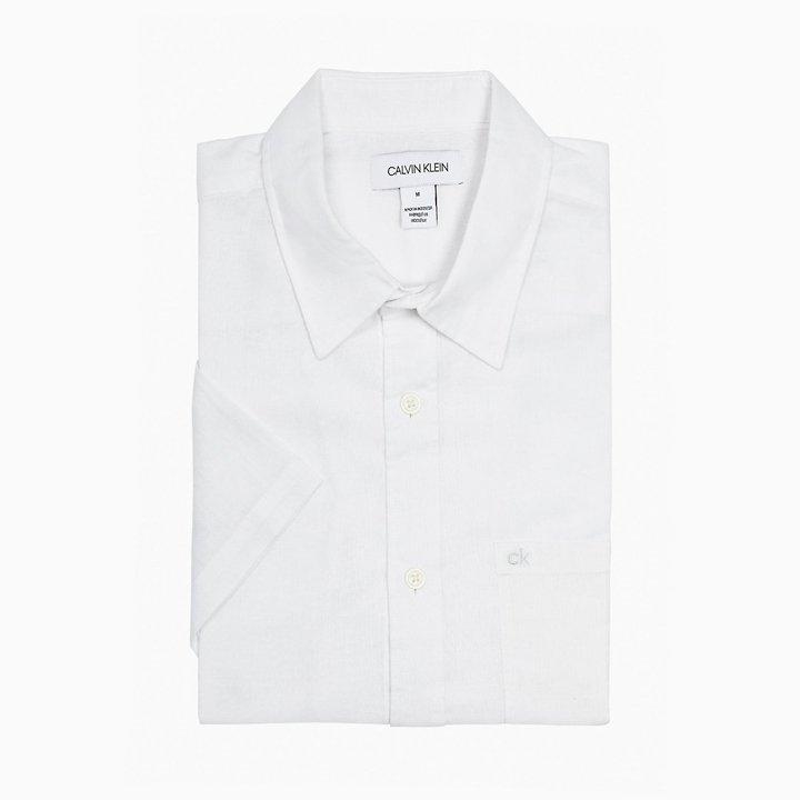 Calvin Klein Slim Fit Chambray Short Sleeve Shirt - White, Size XL