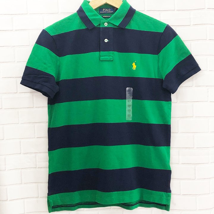 Polo Ralph Lauren Custom Slim Fit Striped Mesh Polo Shirt - Green/ Navy, Size M