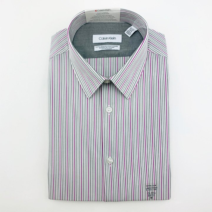 Calvin Klein Extreme Slim Fit Berry Stripe Temperature Regulation Dress Shirt - Purple Multi, Size 16 - 16 1/2 (32/33)