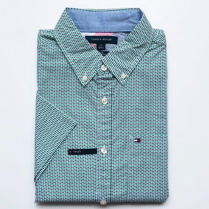 Tommy Hilfiger Slim Fit Micro Print Short Sleeve Shirt - Green/ Purple, Size M