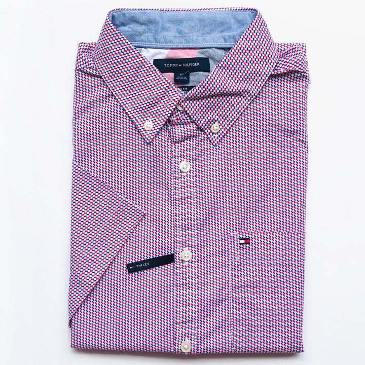 Tommy Hilfiger Slim Fit Micro Print Short Sleeve Shirt - Red/ Purple, Size S